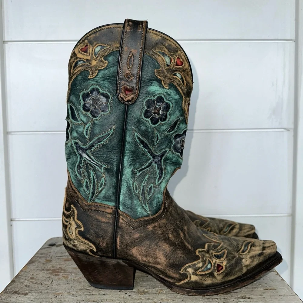 Dan Post Miss Kate Distressed Brown Teal Blue bird  Wing Tip Cowboy Boots Sz 7 - Picture 2 of 7